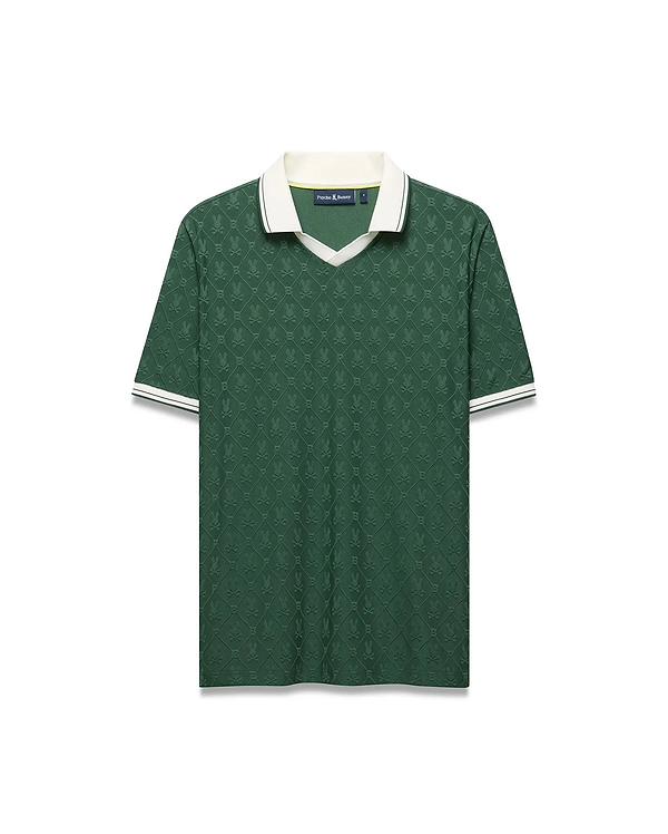 Mens Garry Jacquard Johnny Collar Polo, deep green with tonal bunny skull jacquard. Features a white Johnny collar and striped ribbed cuffs, plus a small embroidered Psycho Bunny logo on the left chest.