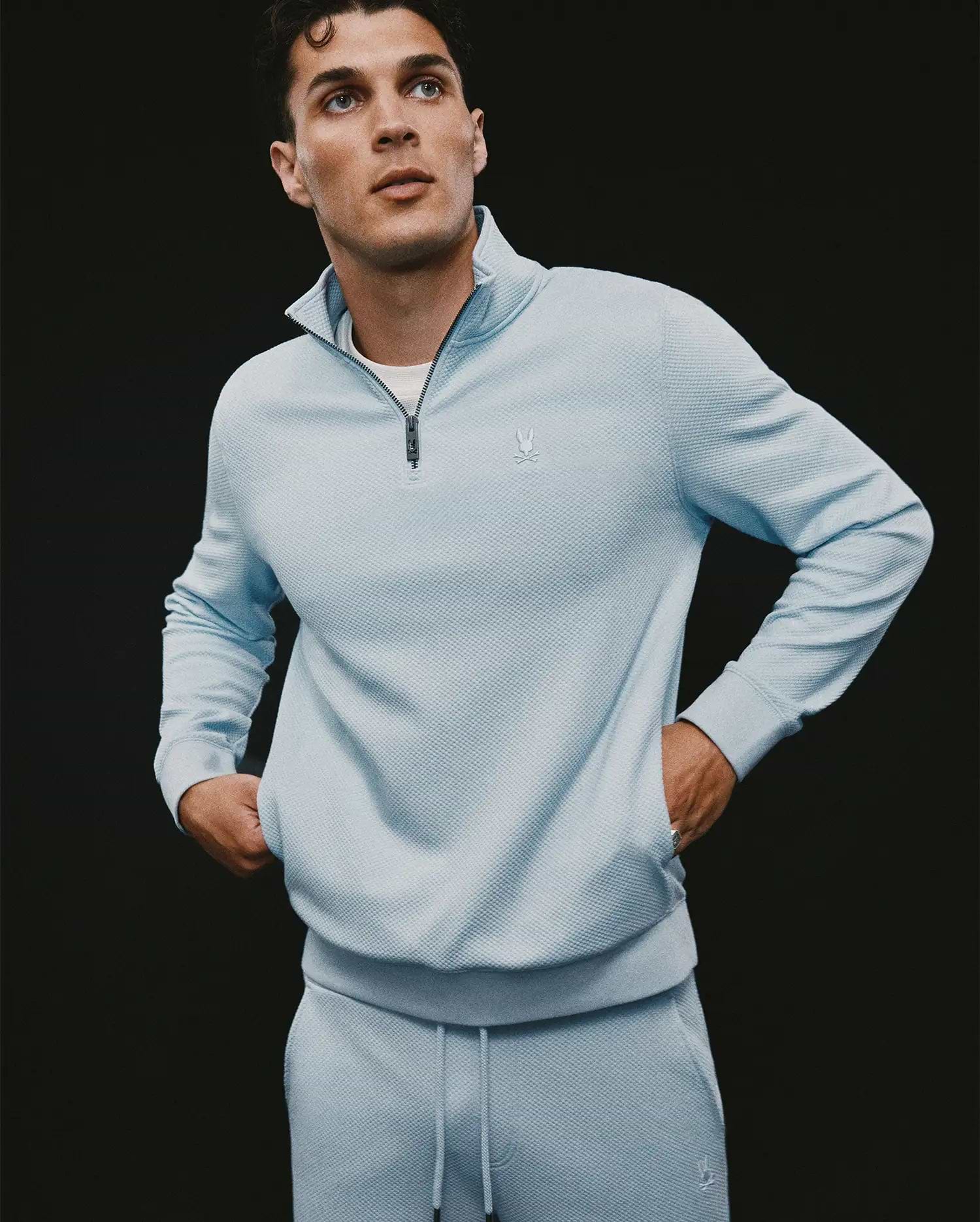 Men's Marc Quarter-Zip Sweatshirt in Pale Blue | Psycho Bunny