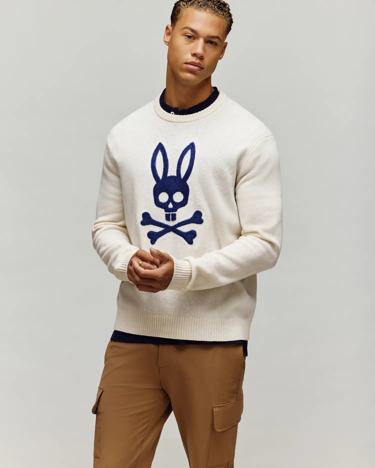 Men's Saxon Cozy Yarn Crew in Beige | Psycho Bunny