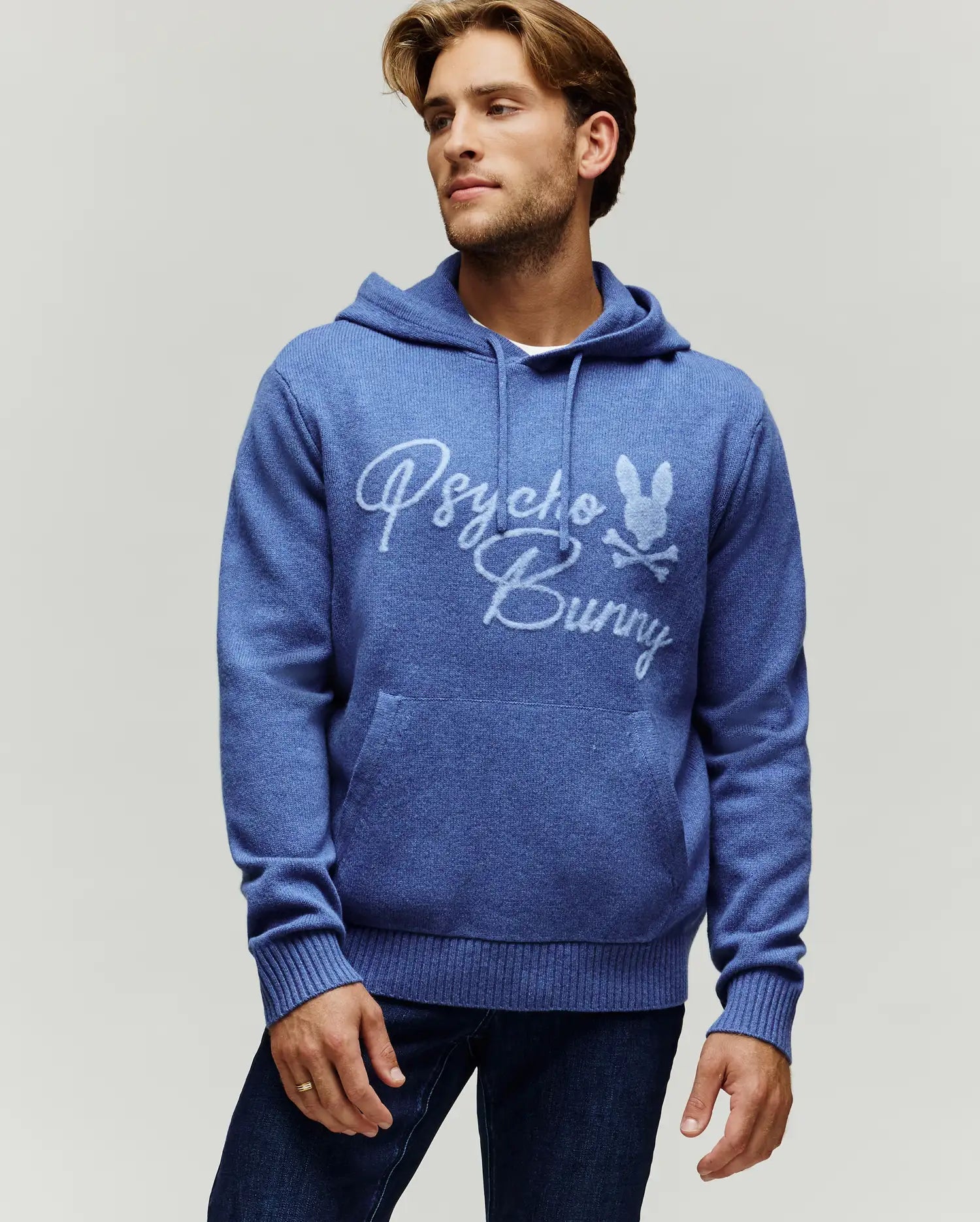 Men's Sacha Cozy Merino Wordmark Hoodie in Blue | Psycho Bunny