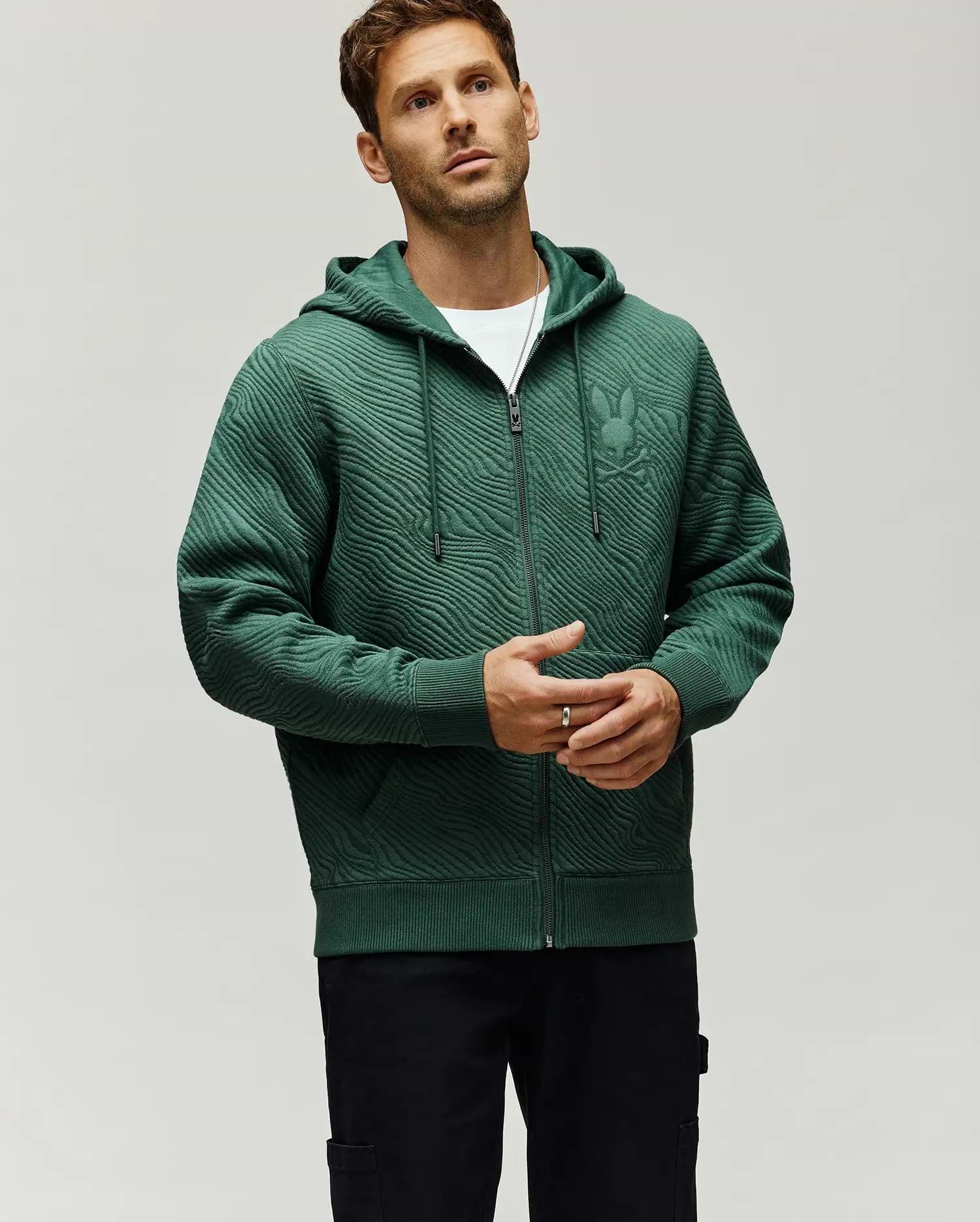 Men's Kendrick Double Knit Jacquard Zip Textured Hoodie in Green