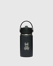 The KIDS PSYCHO BUNNY WATER BOTTLE - B0A375E200 by Psycho Bunny is a black, stainless steel, leak-resistant insulated bottle with a handle on top and features a unique skull with rabbit ears logo on the front against a plain white background.
