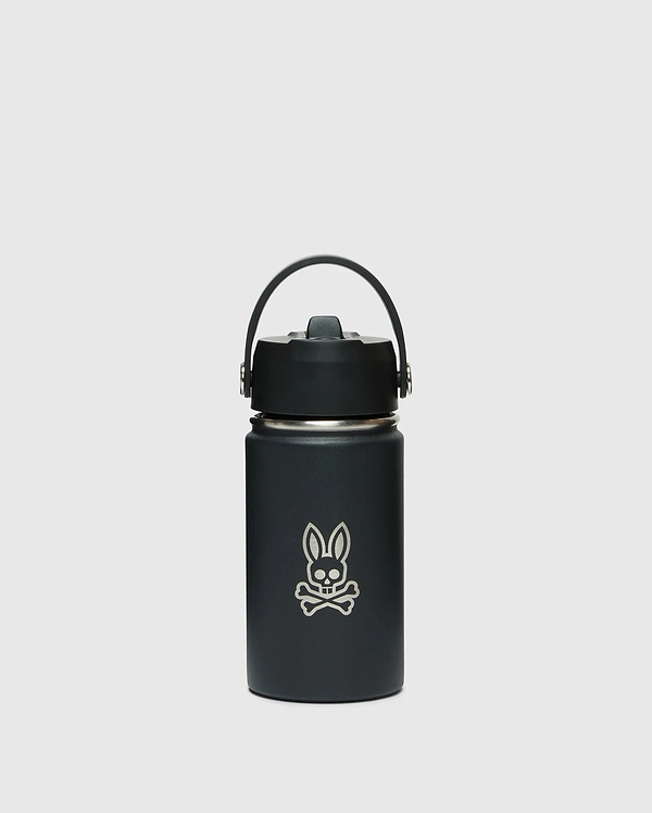 The KIDS PSYCHO BUNNY WATER BOTTLE - B0A375E200 by Psycho Bunny is a black, stainless steel, leak-resistant insulated bottle with a handle on top and features a unique skull with rabbit ears logo on the front against a plain white background.