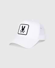 The Psycho Bunny Kids Bunny Patch Trucker Cap (B0A965C200) is a white mesh baseball cap featuring the iconic rabbit head above crossed bones emblem. This hat beautifully blends classic style with a playful design.