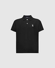 The KIDS CLASSIC PIQUE POLO SHIRT by Psycho Bunny features short sleeves, a black Pima cotton fabric, a collar with three white buttons, and the iconic small white embroidered rabbit with crossed bones on the left chest against a light gray backdrop.