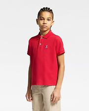 kids classic pique polo shirt in vibrant red, featuring a classic fit, two-button placket, and a small embroidered white Psycho Bunny skull logo on the left chest.