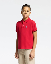 kids classic pique polo shirt in vibrant red, featuring a classic fit, two-button placket, and a small embroidered white Psycho Bunny skull logo on the left chest.