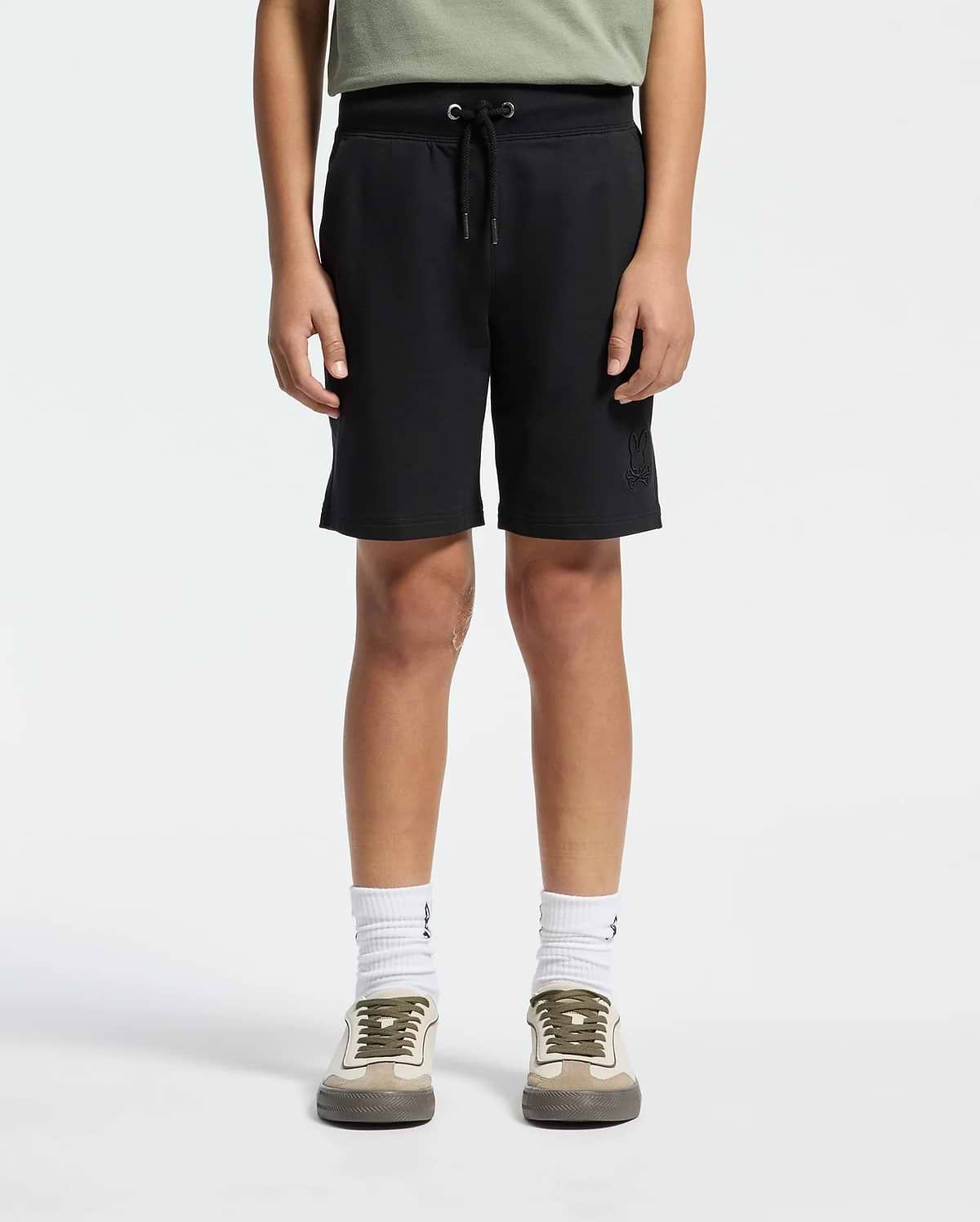 Kids | Kids' Black French terry sweatshorts with a soft feel, elastic waistband, and side pockets for comfort.
