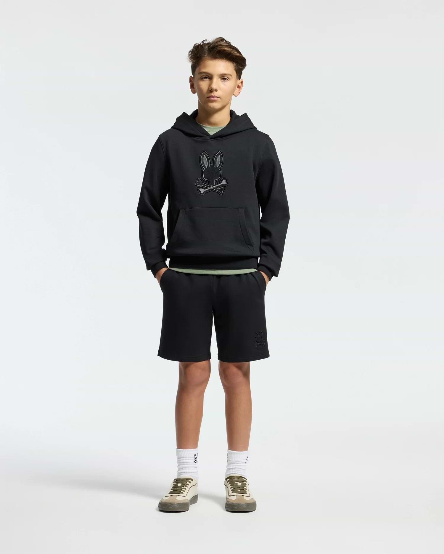 Kids | Kids' Black French terry sweatshorts with a soft feel, elastic waistband, and side pockets for comfort.