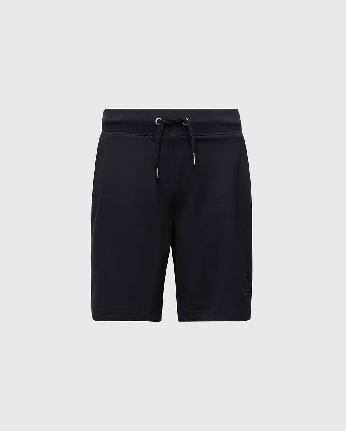 Psycho Bunny's Kids Levanzo French Terry Sweatshort (B0R578F200) features a micro French Terry fabric in black, with an elastic waistband and drawstring. A subtle logo adorns the lower left leg, set elegantly against a light gray background.