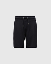 Psycho Bunny's Kids Levanzo French Terry Sweatshort (B0R578F200) features a micro French Terry fabric in black, with an elastic waistband and drawstring. A subtle logo adorns the lower left leg, set elegantly against a light gray background.
