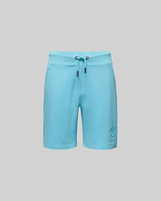 Psycho Bunny KIDS LEVANZO EMBROIDERED MICRO FRENCH TERRY SWEATSHORT - B0R578F200 in light blue offers ultimate comfort, with two metal grommets at the waistband and an embroidered bunny logo near the bottom left hem, shown on a gray background.