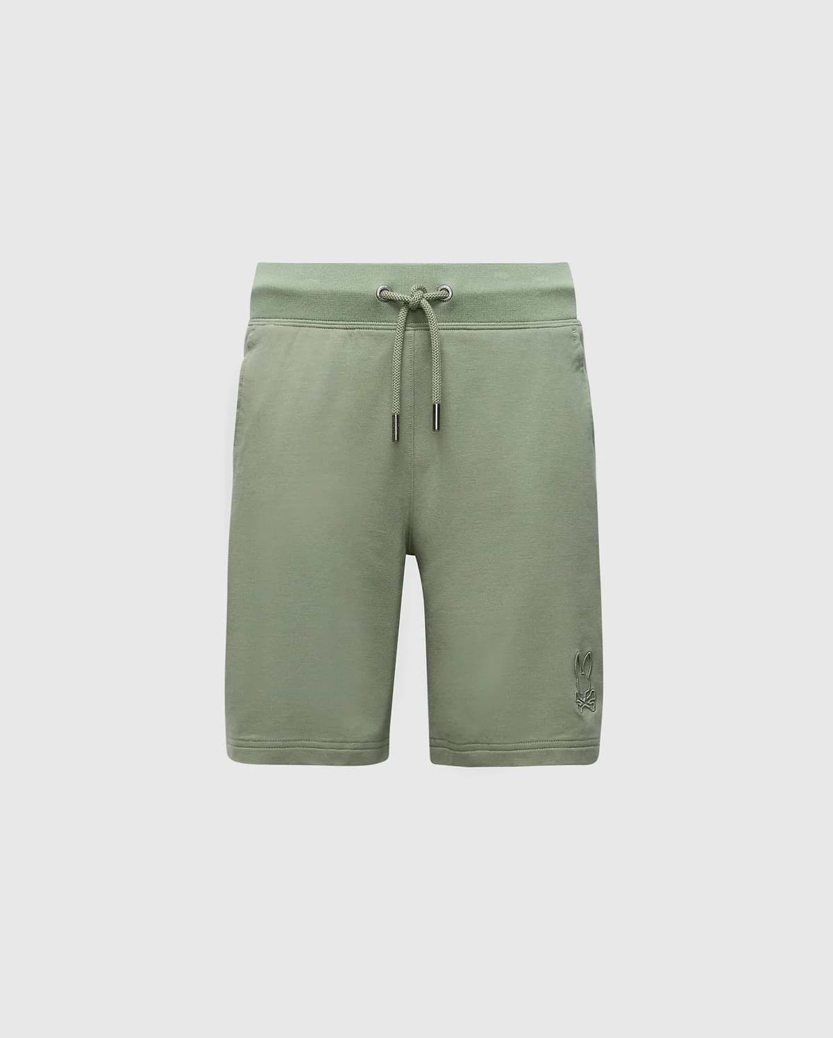The KIDS LEVANZO FRENCH TERRY SWEATSHORT by Psycho Bunny features a drawstring waist and a small embroidered design on the lower left. Made from stretch cotton jersey, these green shorts offer soft comfort perfect for casual wear against a plain white background.