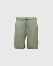 The KIDS LEVANZO FRENCH TERRY SWEATSHORT by Psycho Bunny features a drawstring waist and a small embroidered design on the lower left. Made from stretch cotton jersey, these green shorts offer soft comfort perfect for casual wear against a plain white background.