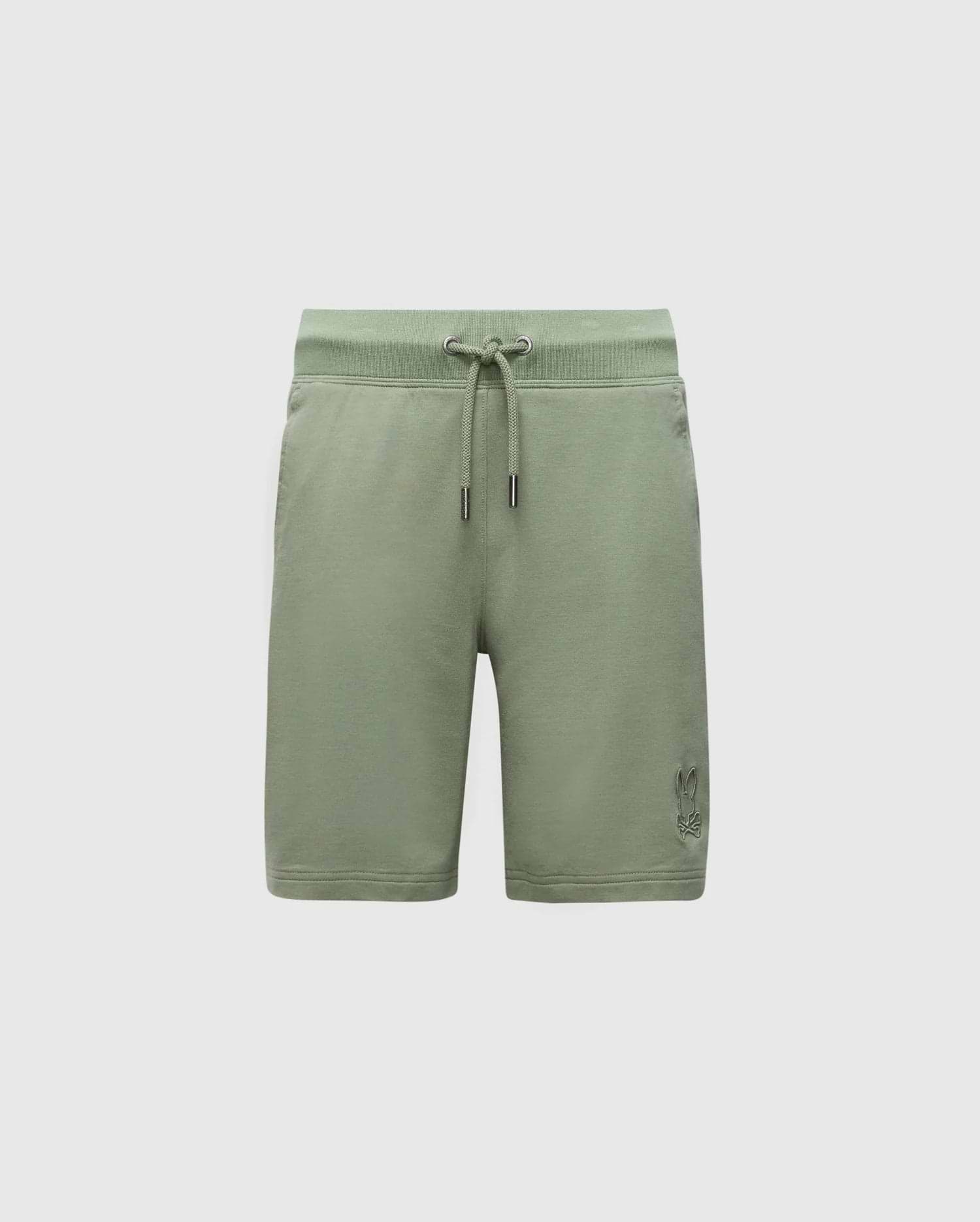 The KIDS LEVANZO FRENCH TERRY SWEATSHORT by Psycho Bunny features a drawstring waist and a small embroidered design on the lower left. Made from stretch cotton jersey, these green shorts offer soft comfort perfect for casual wear against a plain white background.
