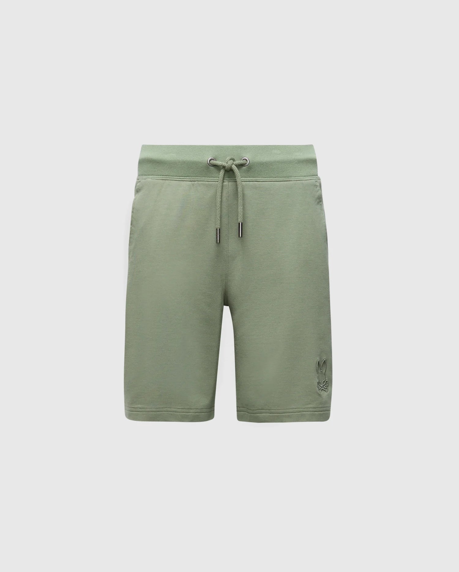 The KIDS LEVANZO FRENCH TERRY SWEATSHORT by Psycho Bunny features a drawstring waist and a small embroidered design on the lower left. Made from stretch cotton jersey, these green shorts offer soft comfort perfect for casual wear against a plain white background.