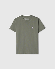 The Psycho Bunny KIDS CLASSIC CREW NECK TEE (B0U014B200) features a plain olive green design with 100% Pima cotton and a small embroidered bunny logo on the chest. Perfect for back-to-school outfits, it's displayed against a light gray background.