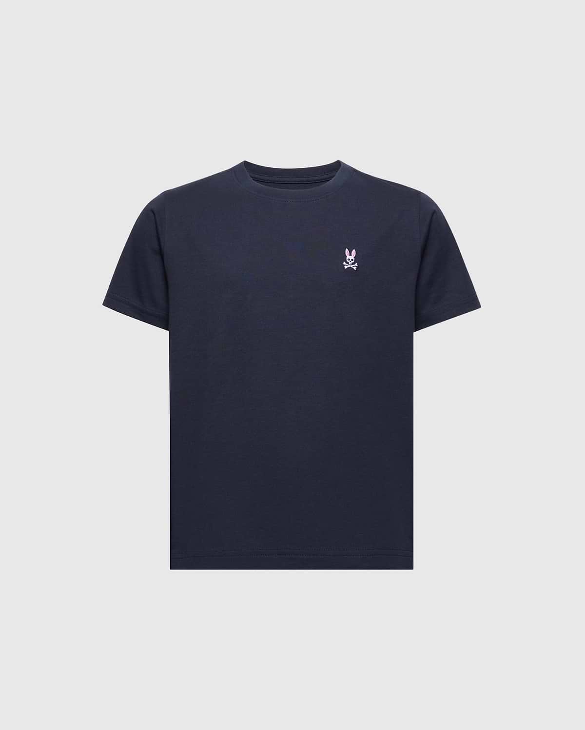 The Psycho Bunny KIDS CLASSIC CREW NECK TEE (B0U014CRPC) is a timeless black shirt made from 100% Pima cotton, featuring a playful embroidered white skull and crossbones with bunny ears on the left chest, all set against a light gray backdrop.