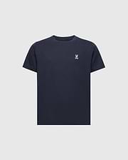 The Psycho Bunny KIDS CLASSIC CREW NECK TEE (B0U014CRPC) is a timeless black shirt made from 100% Pima cotton, featuring a playful embroidered white skull and crossbones with bunny ears on the left chest, all set against a light gray backdrop.