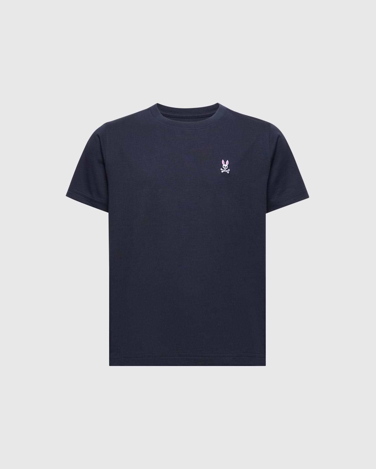 The Psycho Bunny KIDS CLASSIC CREW NECK TEE (B0U014CRPC) is a timeless black shirt made from 100% Pima cotton, featuring a playful embroidered white skull and crossbones with bunny ears on the left chest, all set against a light gray backdrop.