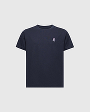 The Psycho Bunny KIDS CLASSIC CREW NECK TEE (B0U014CRPC) is a timeless black shirt made from 100% Pima cotton, featuring a playful embroidered white skull and crossbones with bunny ears on the left chest, all set against a light gray backdrop.