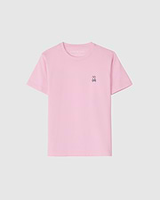 The KIDS CLASSIC CREW NECK TEE - B0U014CRPC by Psycho Bunny is a light pink kids' tee made of 100% Pima cotton. It features a small embroidered bunny logo on the upper left against a white background, offering comfort and style for back-to-school outfits.