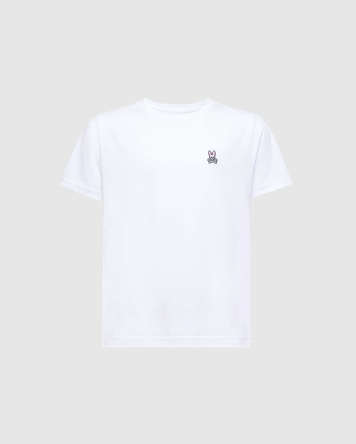 The KIDS CLASSIC CREW NECK TEE - B0U014CRPC by Psycho Bunny is a white Pima cotton T-shirt with the Classic Psycho Bunny embroidered logo on the left chest, short sleeves, and a plain gray background, making it a timeless wardrobe staple.