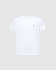 The KIDS CLASSIC CREW NECK TEE - B0U014CRPC by Psycho Bunny is a white Pima cotton T-shirt with the Classic Psycho Bunny embroidered logo on the left chest, short sleeves, and a plain gray background, making it a timeless wardrobe staple.