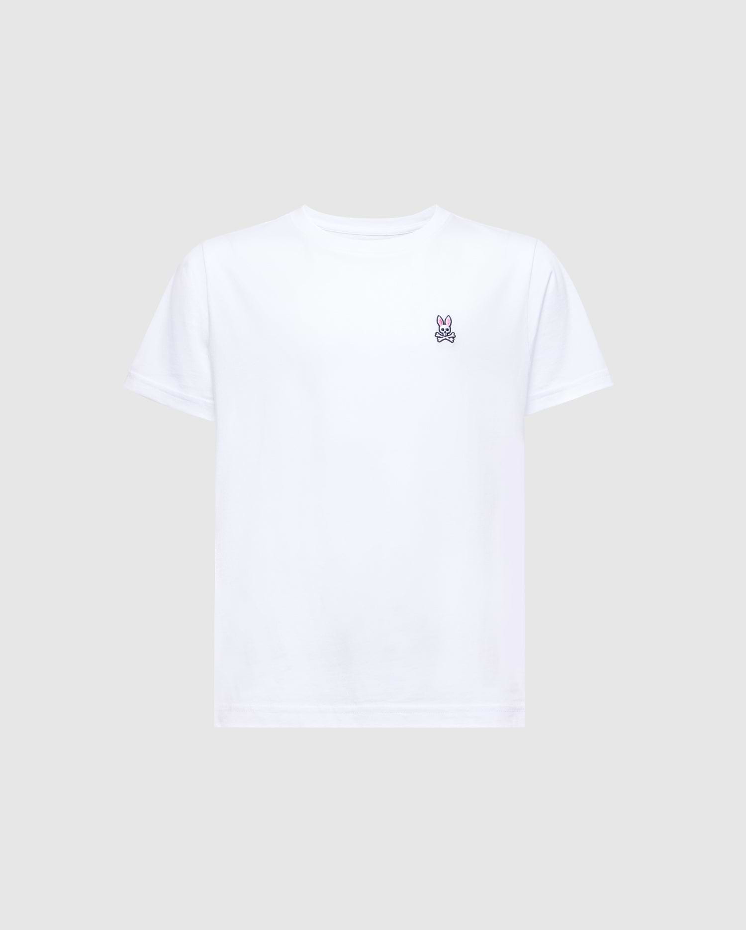 The KIDS CLASSIC CREW NECK TEE - B0U014CRPC by Psycho Bunny is a white Pima cotton T-shirt with the Classic Psycho Bunny embroidered logo on the left chest, short sleeves, and a plain gray background, making it a timeless wardrobe staple.
