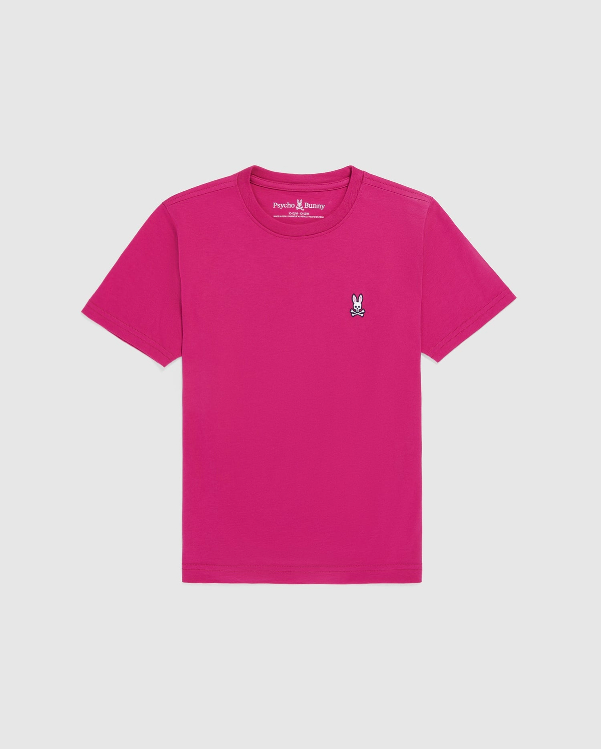 The Psycho Bunny KIDS CLASSIC CREW NECK TEE (B0U014CRPC) is a bright pink Pima cotton shirt featuring a small white and black bunny logo on the left chest, shown against a plain light background.