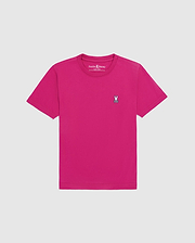 The Psycho Bunny KIDS CLASSIC CREW NECK TEE (B0U014CRPC) is a bright pink Pima cotton shirt featuring a small white and black bunny logo on the left chest, shown against a plain light background.