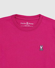 The KIDS CLASSIC CREW NECK TEE (B0U014CRPC) by Psycho Bunny is a magenta Pima cotton crewneck featuring a small embroidered white bunny with crossbones on the left chest and the brand name printed inside the collar.