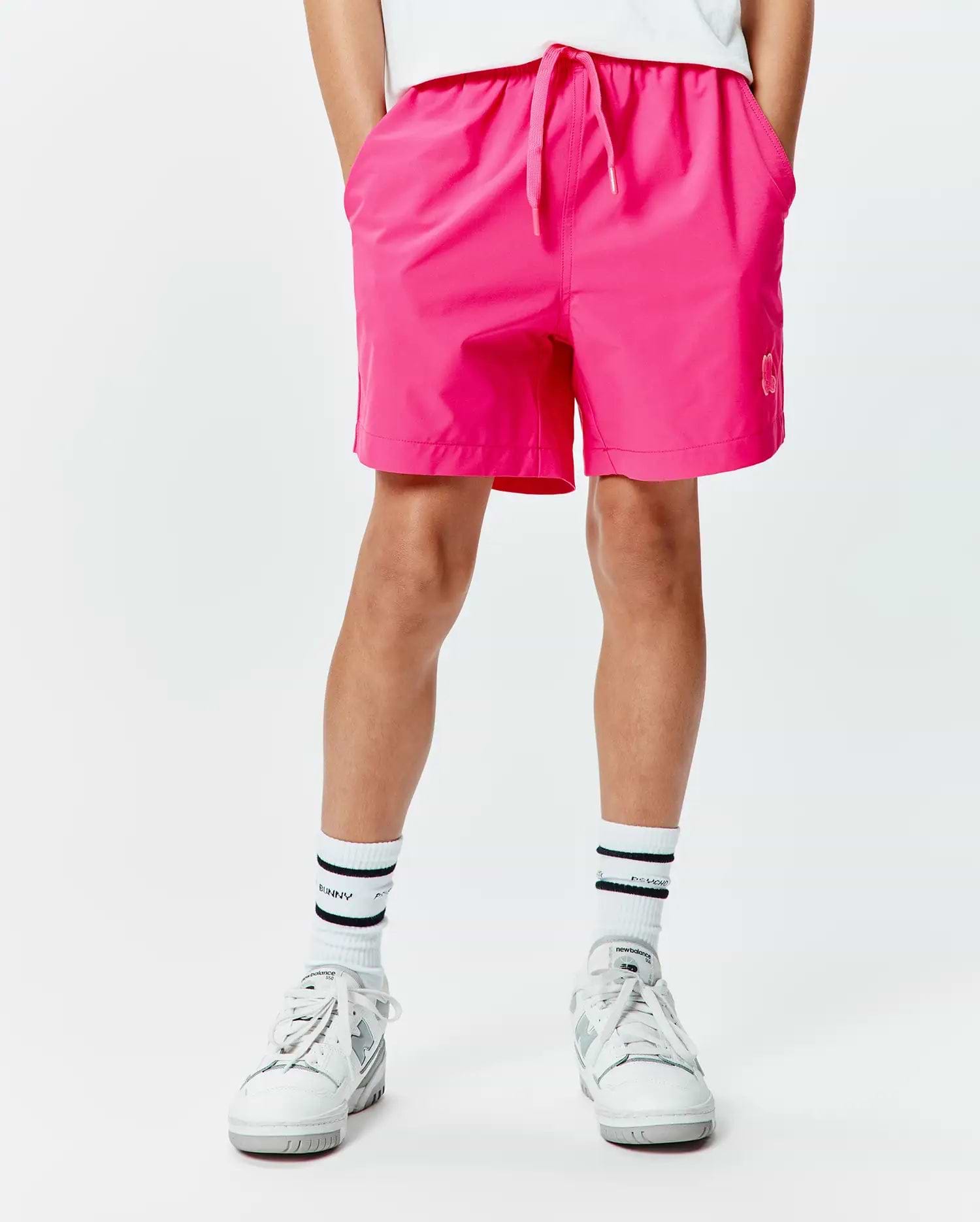 Kids Samos Hydrochromic Printed Swim Trunk, bright pink, relaxed fit, smooth quick-dry fabric, elastic drawstring waist, side pockets, small tonal Psycho Bunny skull logo on lower right leg. (2)