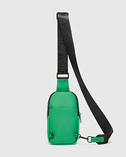 Bright green Mens Rubberized Crossbody bag with a smooth texture, black trim, and a black webbing strap featuring repeating Psycho Bunny text branding.