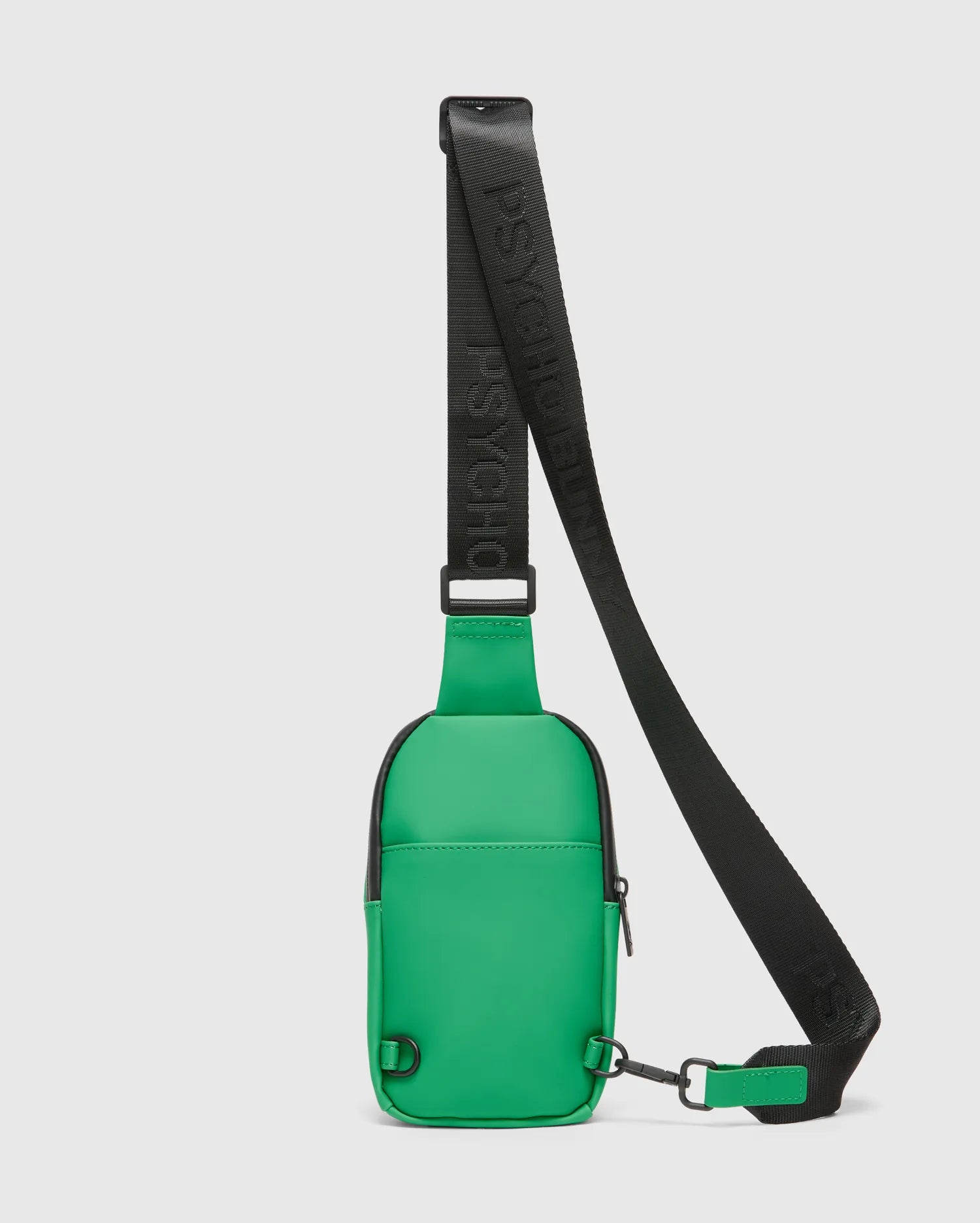 Bright green Mens Rubberized Crossbody bag with a smooth texture, black trim, and a black webbing strap featuring repeating Psycho Bunny text branding.