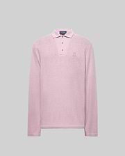 The Psycho Bunny MENS BRADSHAW POLO SWEATER (B6E835D200) is a long-sleeve, light pink merino wool polo with a collar, three mother of pearl buttons, and an embroidered bunny logo on the left chest, shown against a gray background. (5)