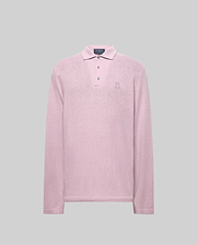 The Psycho Bunny MENS BRADSHAW POLO SWEATER (B6E835D200) is a long-sleeve, light pink merino wool polo with a collar, three mother of pearl buttons, and an embroidered bunny logo on the left chest, shown against a gray background. (5)