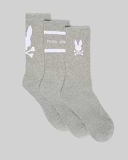 Mens 3 Pack Sport Sock in grey knit, featuring white Psycho Bunny skull logos on two pairs and white stripes with Psycho Bunny text on the third.