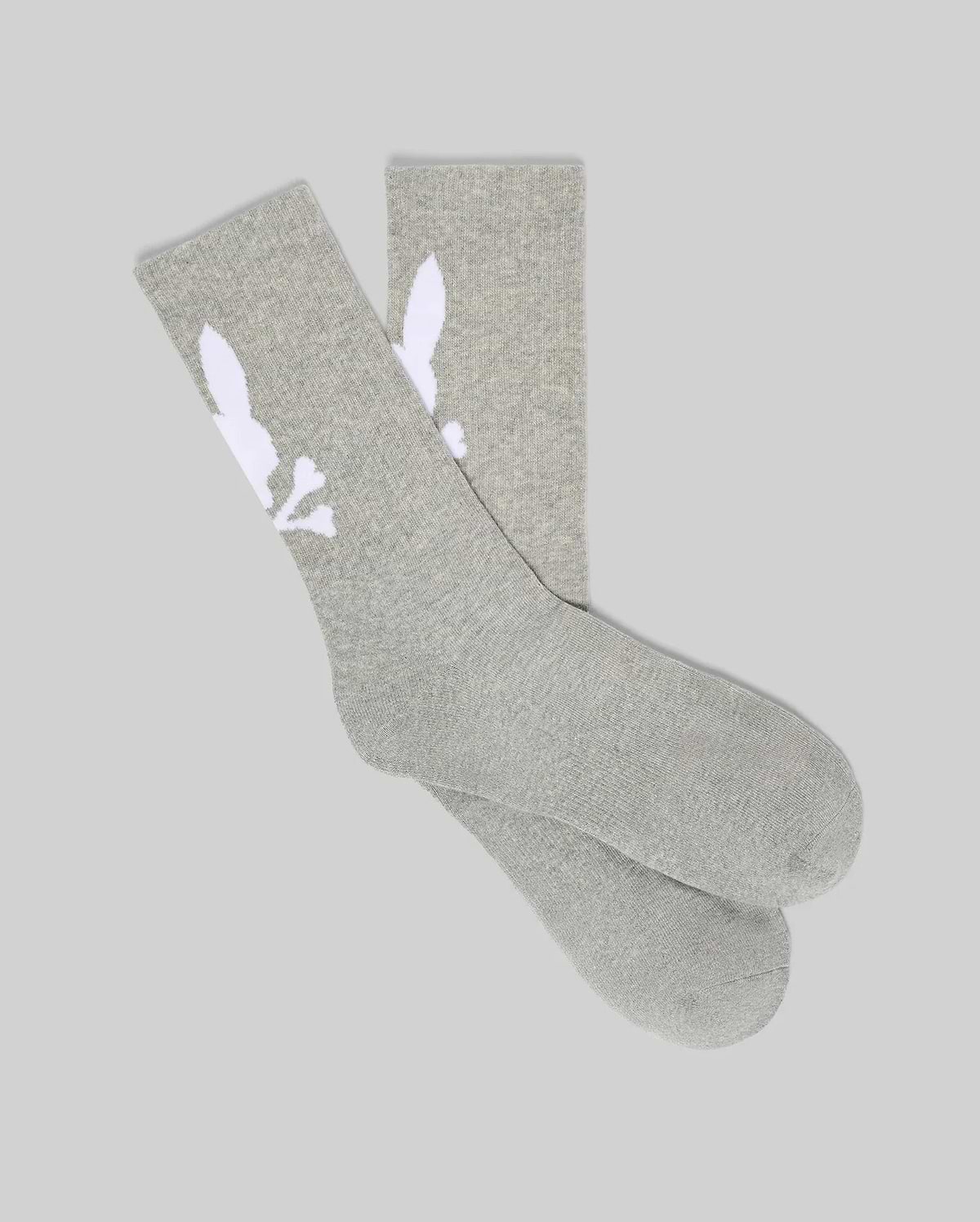 Mens 3 Pack Sport Sock in heather grey, featuring a large white Psycho Bunny skull logo prominently displayed on the outer side of each soft knit crew sock.