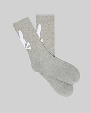 Mens 3 Pack Sport Sock in heather grey, featuring a large white Psycho Bunny skull logo prominently displayed on the outer side of each soft knit crew sock.