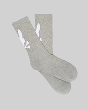 Mens 3 Pack Sport Sock in heather grey, featuring a large white Psycho Bunny skull logo prominently displayed on the outer side of each soft knit crew sock.