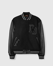 Introducing the Psycho Bunny Men's Brayden Wool Leather Varsity Bomber (B6J876D200), a stylish jacket crafted with a black wool blend and accentuated by leather sleeves. The design features ribbed cuffs and a collar, along with a prominent emblem displaying a stylized rabbit and the initials "DB" on the front. Additionally, one sleeve is elegantly embroidered with "Playboy Bunny.