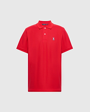 The Psycho Bunny Men's Classic Pique Polo Shirt, B6K001CRPC, in rich red, is made from premium Pima cotton with short sleeves, a collar, and mother-of-pearl buttons. It features a small embroidered rabbit logo on the left chest.