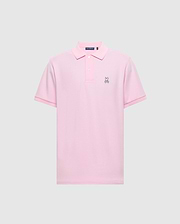 The Psycho Bunny Men's Classic Pique Polo Shirt (B6K001CRPC) is crafted from soft Peruvian pima cotton in light pink, with a collar, three buttons, and a small embroidered bunny logo on the left chest against a plain gray background.