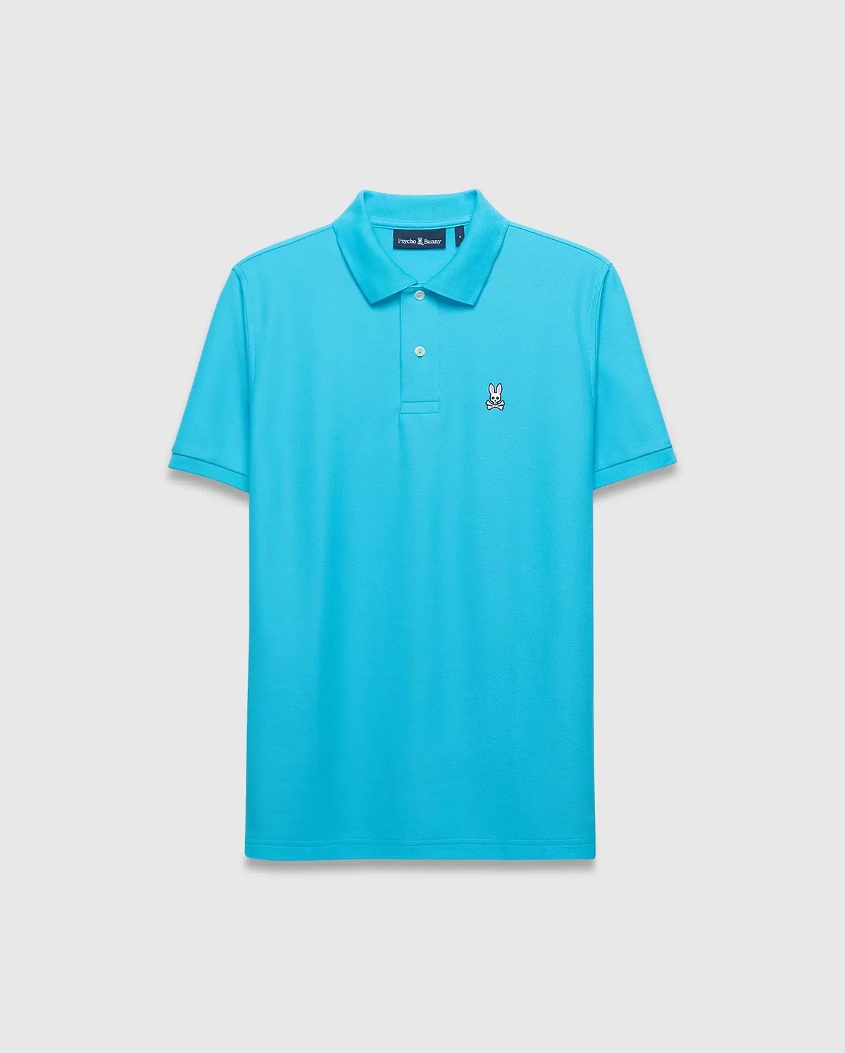 Mens Classic Pique Polo in bright aqua blue, featuring a classic fit, pique texture, two white buttons, and a small embroidered white Psycho Bunny skull logo on the left chest. (1)