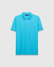 Mens Classic Pique Polo in bright aqua blue, featuring a classic fit, pique texture, two white buttons, and a small embroidered white Psycho Bunny skull logo on the left chest. (1)
