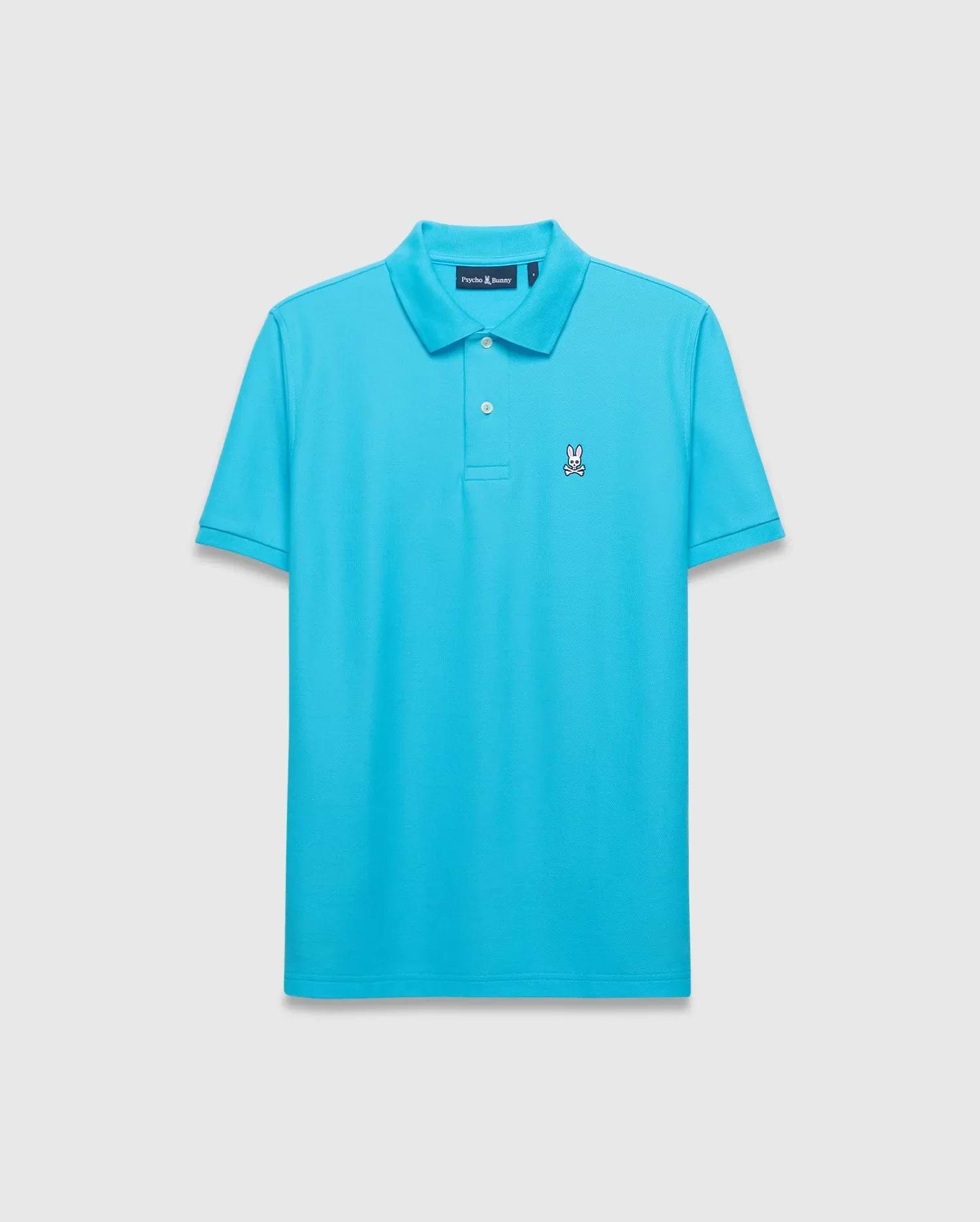 Mens Classic Pique Polo in bright aqua blue, featuring a classic fit, pique texture, two white buttons, and a small embroidered white Psycho Bunny skull logo on the left chest. (1)