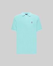 Mens Classic Pique Polo in aqua, featuring a classic fit, textured pique knit, and a small embroidered pink, white, and black Psycho Bunny skull logo on the left chest with a two-button placket. (2)