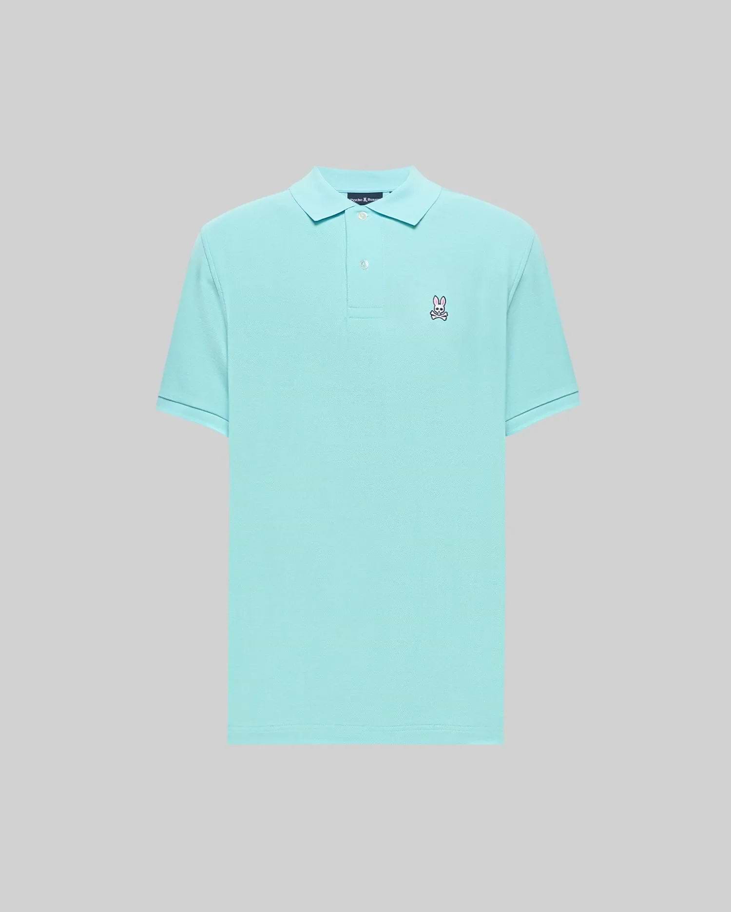 Mens Classic Pique Polo in aqua, featuring a classic fit, textured pique knit, and a small embroidered pink, white, and black Psycho Bunny skull logo on the left chest with a two-button placket. (2)