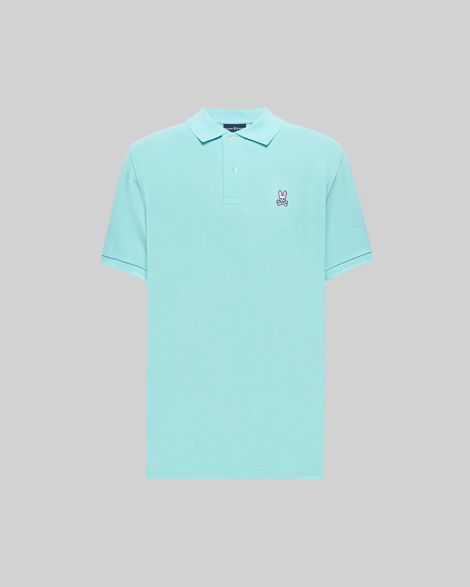 Mens Classic Pique Polo in aqua, featuring a classic fit, textured pique knit, and a small embroidered pink, white, and black Psycho Bunny skull logo on the left chest with a two-button placket. (2)